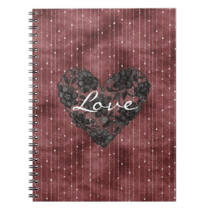 Cuaderno Rayas Rojas Burdeos Encaje Negro Falso Floral Cora