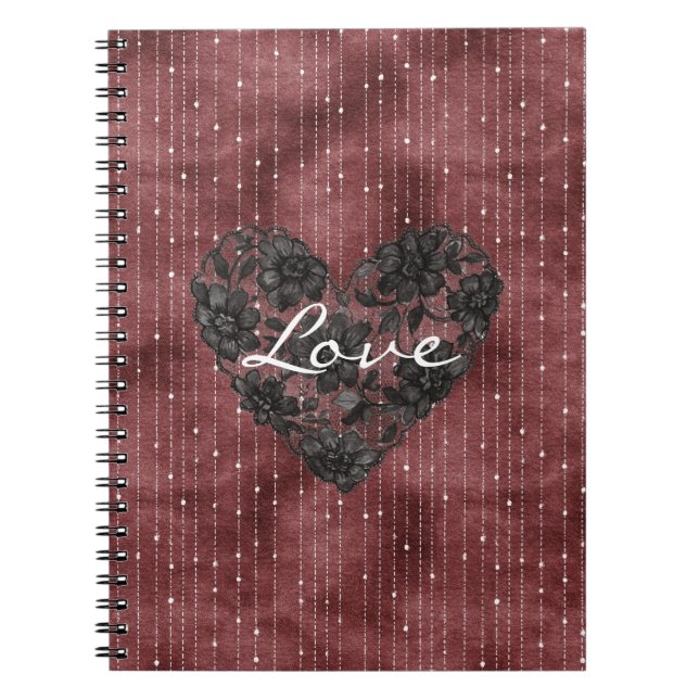 Cuaderno Rayas Rojas Burdeos Encaje Negro Falso Floral Cora (Frente)