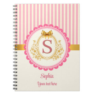 Cuaderno Rayas Rosadas Corona Dorada Monograma Princesa Nom
