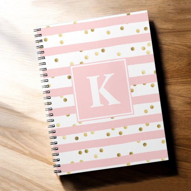 Cuaderno Rayas rosadas delgadas Patrón de puntos de oro de  (Personalize with your monogram initial.)