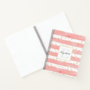 Cuaderno Rayas Rubor rosadas   Monograma Faux Gold Confetti
