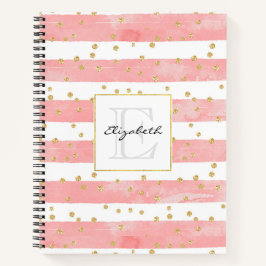 Cuaderno Rayas Rubor rosadas | Monograma Faux Gold Confetti
