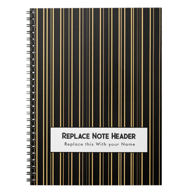 Cuaderno Rayas Verticales Personalizadas Negro Dorado (Frente)