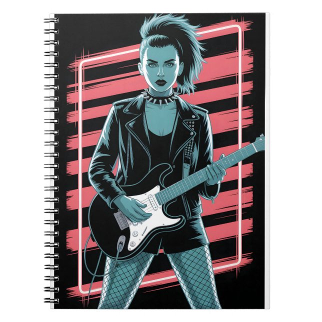 Cuaderno Rebellious Rock Star: Female Guitarist in Leather  (Frente)