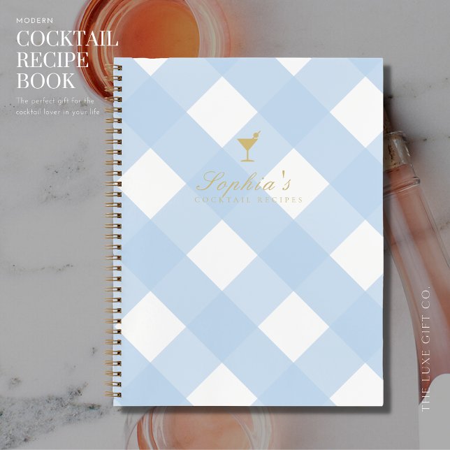 Cuaderno Receta clásica de cóctel azul de Gingham Blank (Subido por el creador)