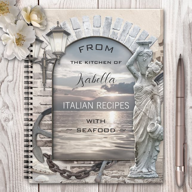 Cuaderno Receta clásica italiana de pescado y marisco (Seafood recipe notebook with an Italian nautical theme with a Roman arch and angel)
