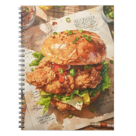 Cuaderno Receta de acuarela de hamburguesa de pollo frito y
