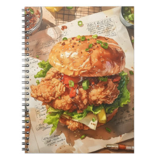 Cuaderno Receta de acuarela de hamburguesa de pollo frito y