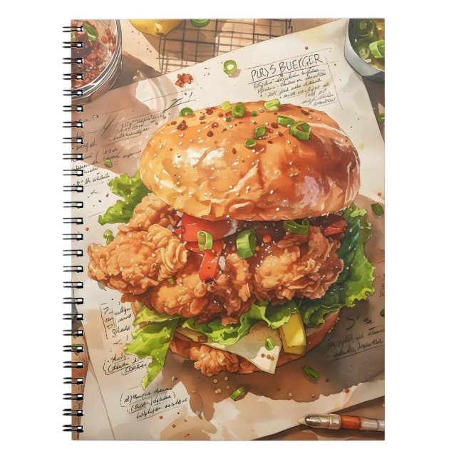 Cuaderno Receta de acuarela de hamburguesa de pollo frito y (Frente)