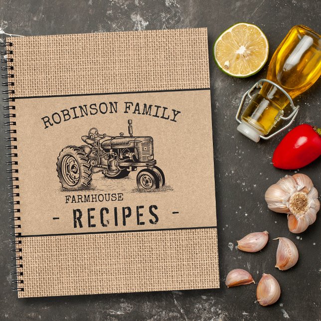 Cuaderno Receta de Burlap Kraft para tractores de granja fa (Several sizes and page designs to choose from)