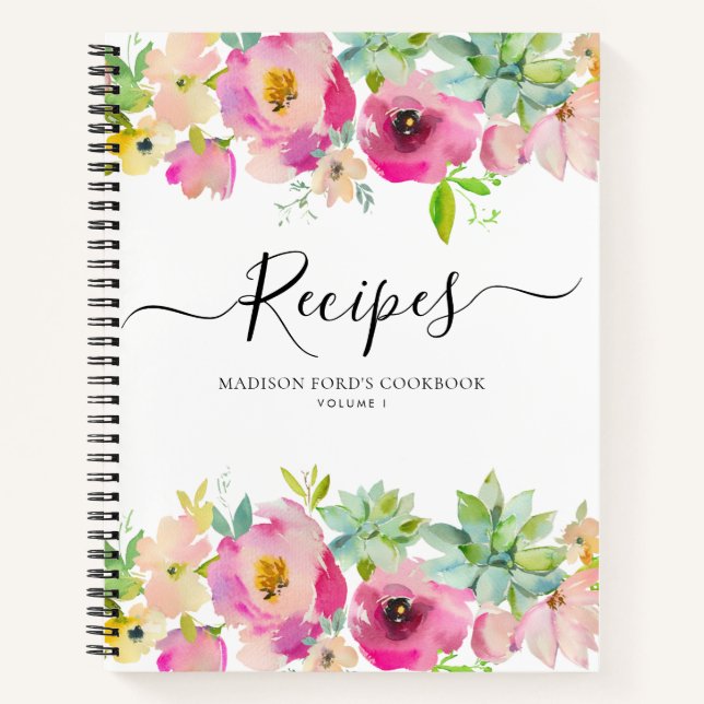 Cuaderno Receta de cocina de suculentas rosadas con flores  (Anverso)
