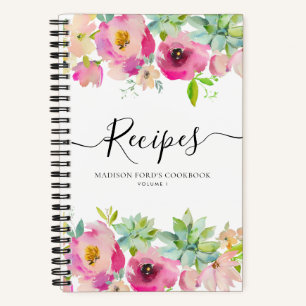 Cuaderno Receta de cocina suculenta rosa floral Rubor con p