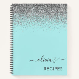 Cuaderno Receta de Cookbook Plata Aqua Purpurina Azul Verde