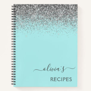 Cuaderno Receta de Cookbook Plata Aqua Purpurina Azul Verde
