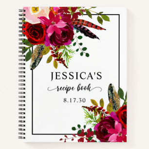 Cuaderno Receta de ducha floral de acuarela de Borgoña eleg