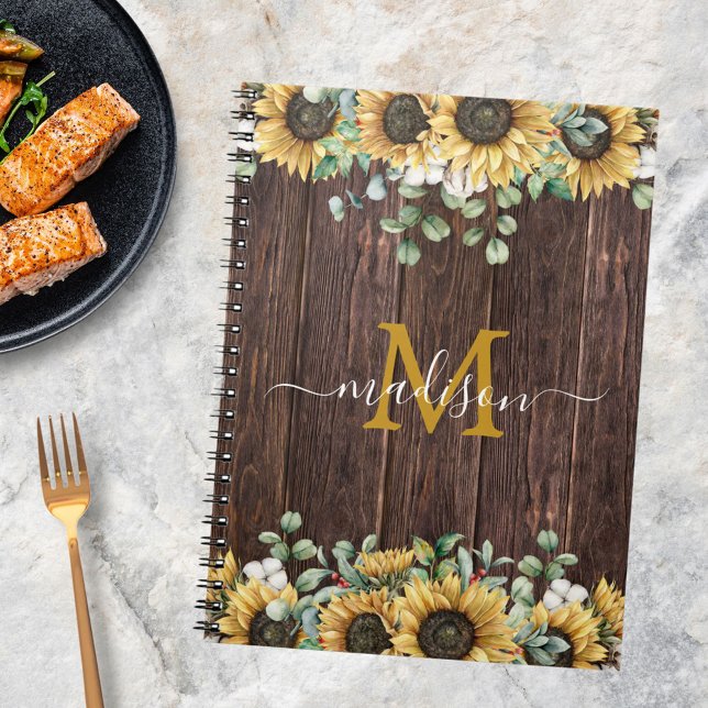 Cuaderno Receta de girasoles amarillos de madera marrón con (In situ)
