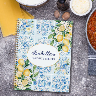 Cuaderno Receta de limón de azulejo italiano floral azul ac