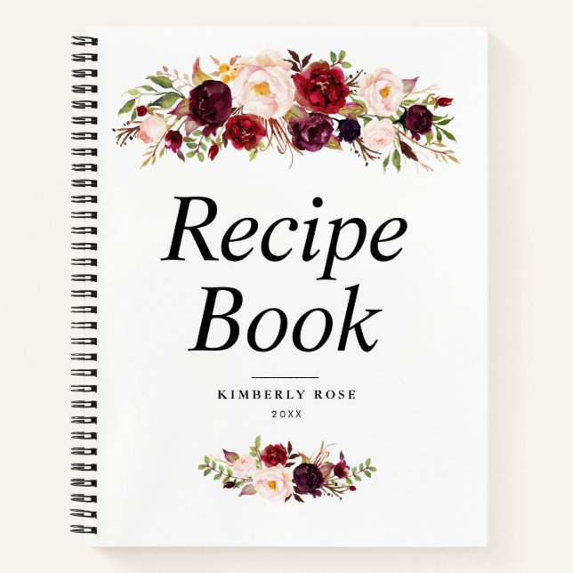 Cuaderno receta de marco floral borgoñoso y rubio (Anverso)