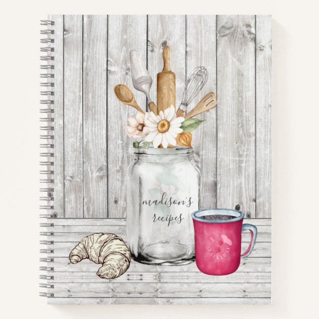 Cuaderno Receta de Mason Jar Wood floral rústica personaliz (Anverso)