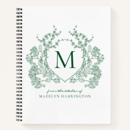 Cuaderno Receta de Monograma de Cresta Floral Verde Clásica