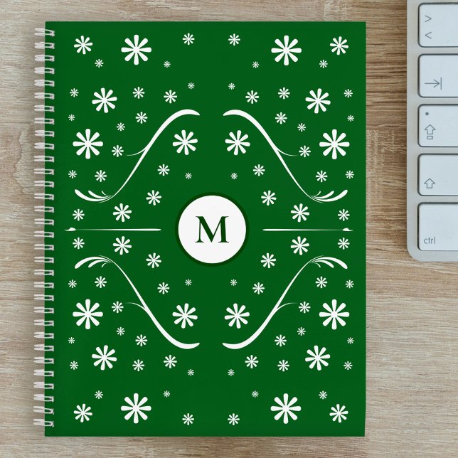 Cuaderno Receta de monograma de energía de flor verde esmer (Emerald Green Monogram Recipe Notebook)