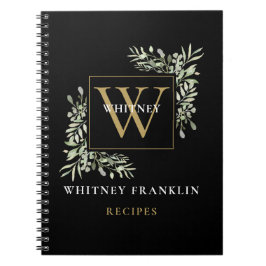 Cuaderno Receta de Monograma de Vegetación Negra Dorada Ele