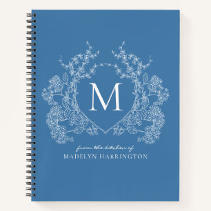 Cuaderno Receta de Monograma del Escudo Floral Azul de orig