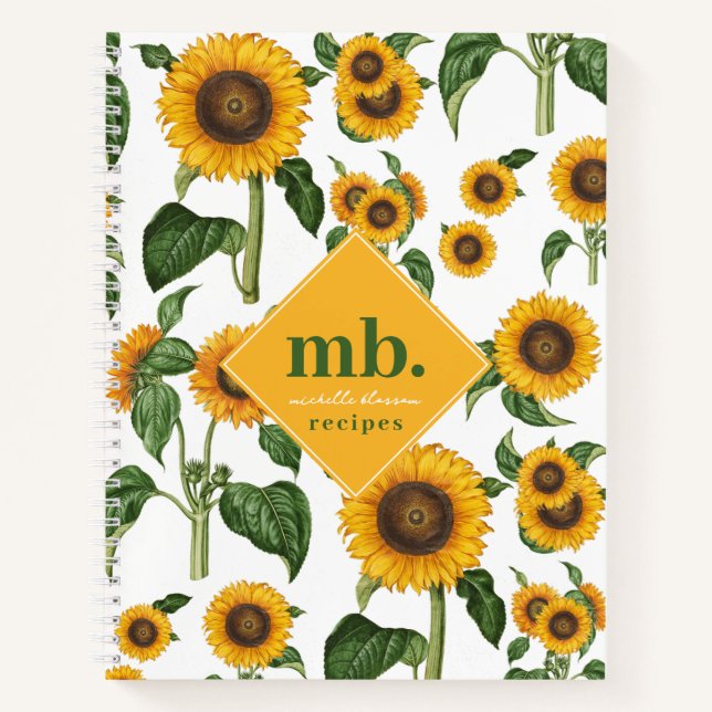 Cuaderno Receta de Monograma Foliage Botánico de girasoles (Anverso)