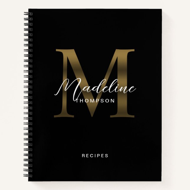 Cuaderno Receta de Monograma Metálico de Oro Negro con guió (Anverso)