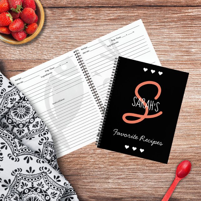 Cuaderno Receta de Monograma Simple de Guión Negro Personal (Personalized Simple Black Script Monogram Recipe Notebook)