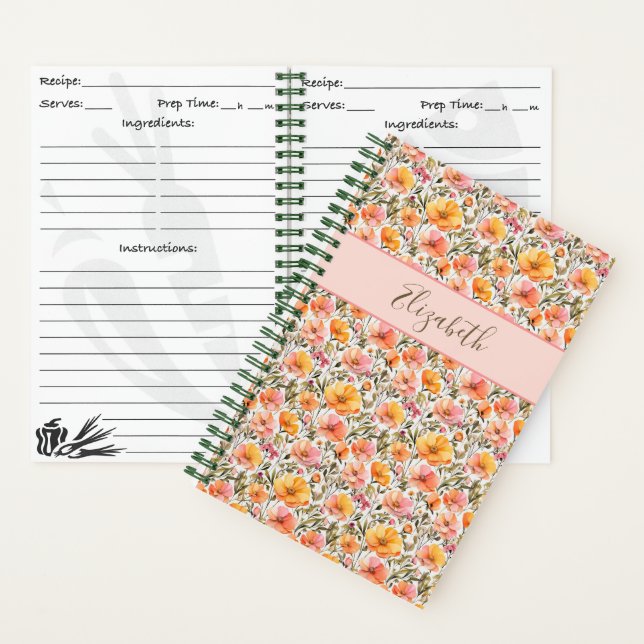 Cuaderno Receta de Naranja amarillo rosado con flores silve (Interior)