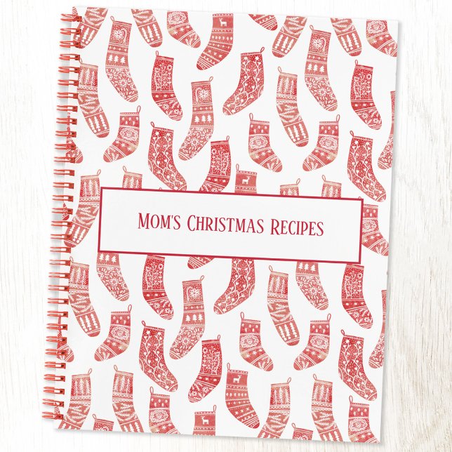 Cuaderno Receta de Navidades de Personalizados de los valor (Nordic Stockings red and white pattern recipe book with editable text)
