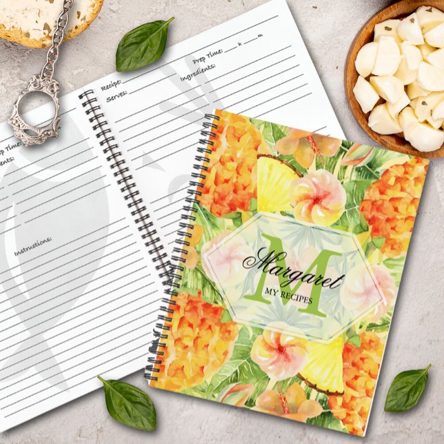 Cuaderno Receta de piña tropical floral (Tropical Floral Pineapple Monogrammed Recipe Spiral Bound Book)