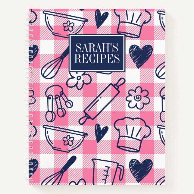 Cuaderno Receta de repostería rosa a cuadros Preppy Baking (Anverso)
