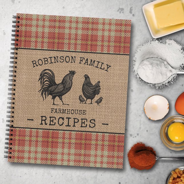 Cuaderno Receta de Rooster Hen Red Plaid para familias de a (Several sizes and inside page designs to choose from)
