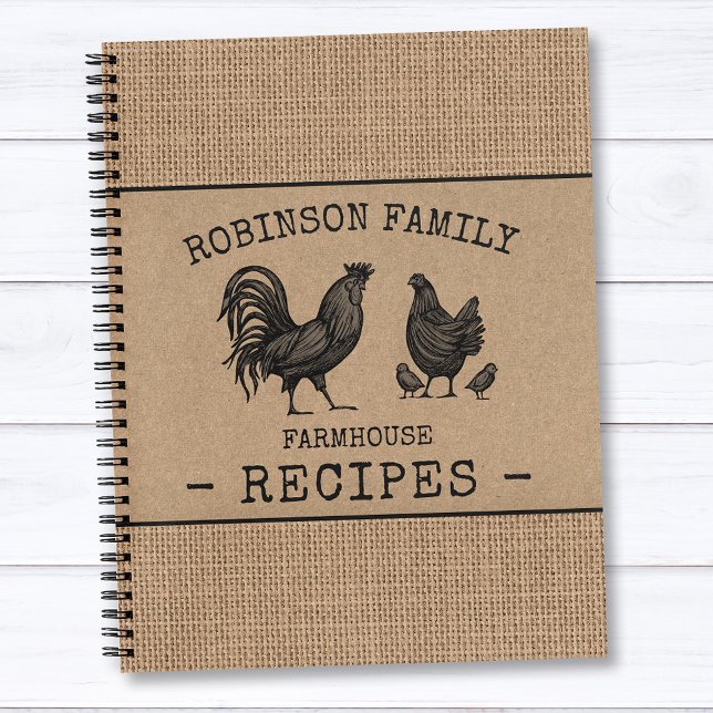 Cuaderno Receta del gallo Hen Burlap Kraft para familias (Several sizes and inside page designs to choose from)