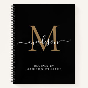 Cuaderno Receta Elegante Black Gold Monogram Script Name