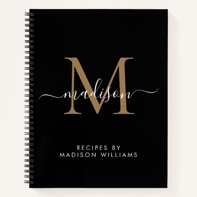 Cuaderno Receta Elegante Black Gold Monogram Script Name (Anverso)
