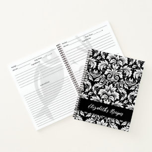 Cuaderno Receta elegante de damasco blanco negro