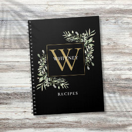Cuaderno Receta elegante de oro negro de monograma verde