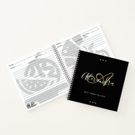 Cuaderno Receta elegante Monograma Black Gold Script Name