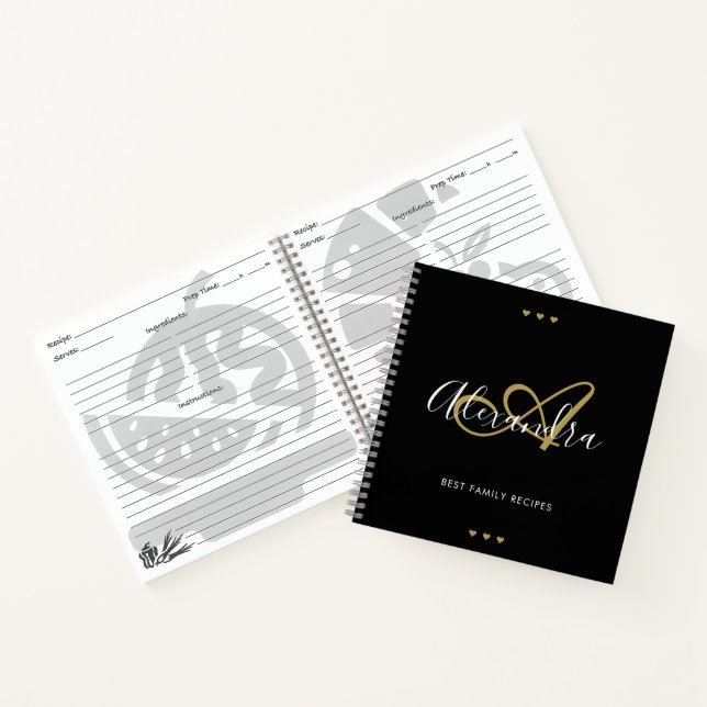Cuaderno Receta elegante Monograma Black Gold Script Name (Interior)