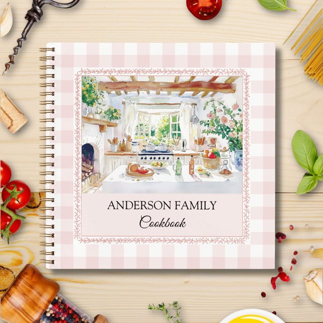 Cuaderno Receta Familiar de Cocina de Campo Rosa Gingham (In situ)