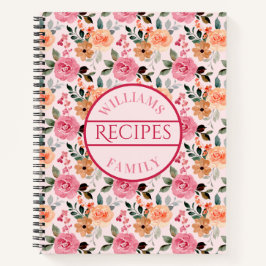Cuaderno Receta familiar de rosas y flores rosadas, naranja