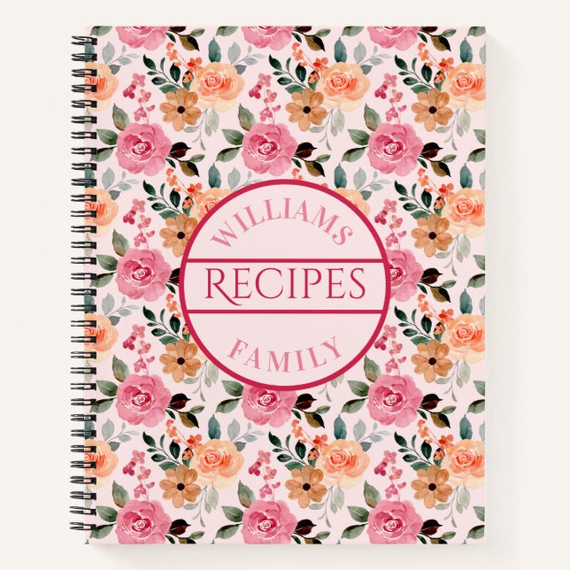 Cuaderno Receta familiar de rosas y flores rosadas, naranja (Anverso)
