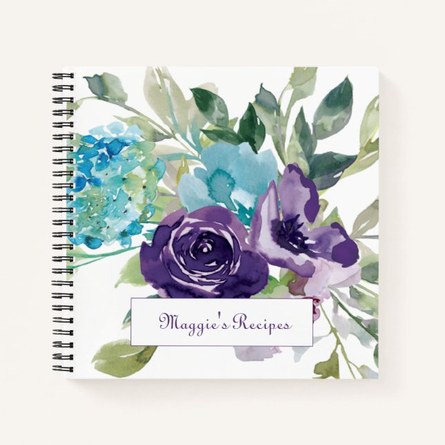 Cuaderno Receta floral de acuarela azul morado (Anverso)