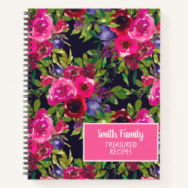 Cuaderno Receta floral de acuarela rosa púrpura negro
