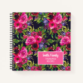 Cuaderno Receta floral de acuarela rosa púrpura negro