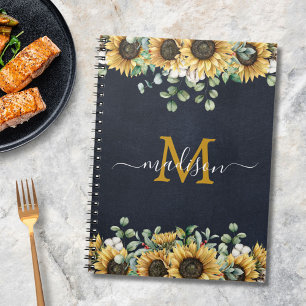Cuaderno Receta Floral Negra de Girasol Eucalipto Monograma