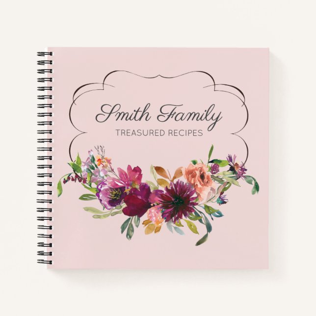Cuaderno Receta floral rosa personalizada ciruela morado (Anverso)